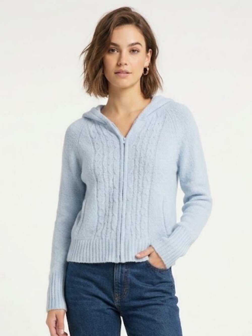 Jordache Juniors Hoodie Sweater Cable Design Full Zip Long Sleeves Light Blue Si
